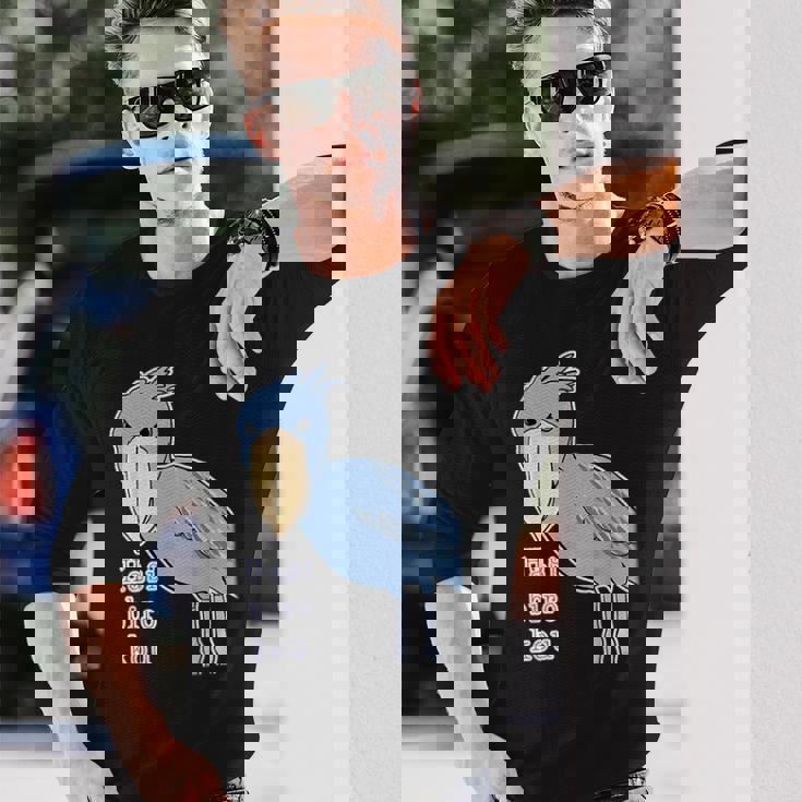 ハシビロコウさん『ビッグ プリント』青い鳥【どうぶつフレンズ】ゆるくて かわいい 動物園の生き物 イラスト 長袖Tシャツ 彼への贈り物