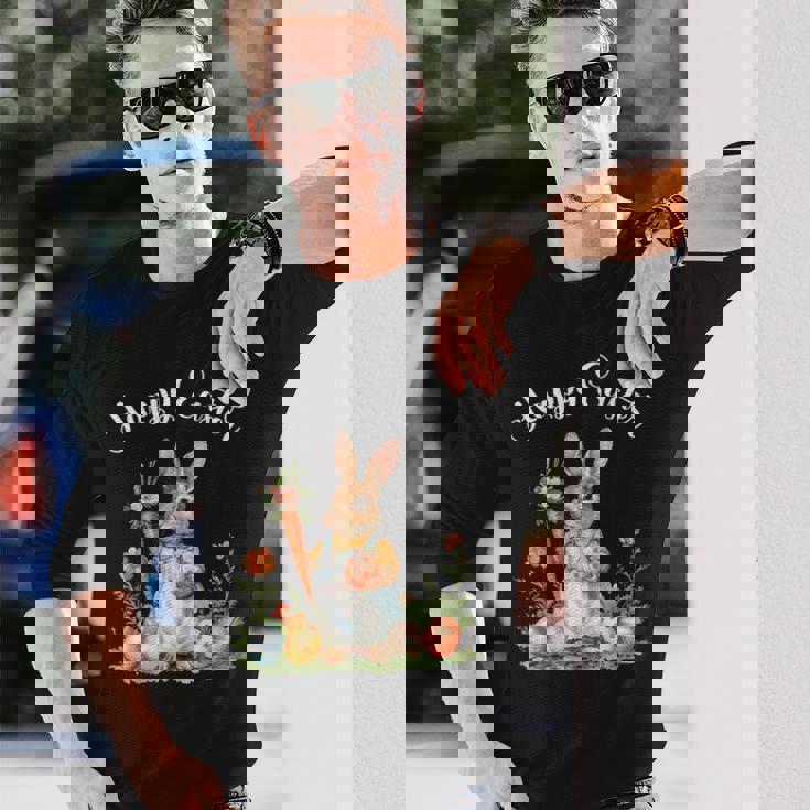 ハッピーイースターバニーニンジンイースターエッグ イースターラビットアートワーク 長袖Tシャツ 彼への贈り物