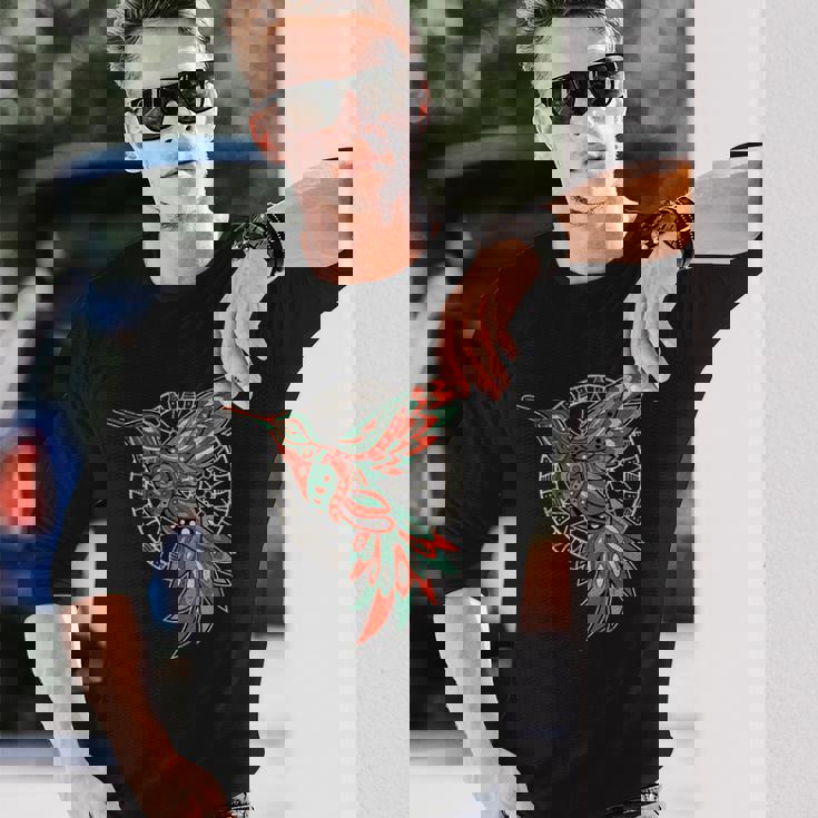 ハミングバード・トライバル・アート ネイティブアメリカン・インディアン・インディジナス 長袖Tシャツ 彼への贈り物