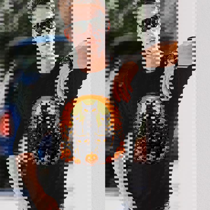 ハロウィン 黒猫 パンプキン 面白い レトロデザイン 長袖Tシャツ 彼への贈り物