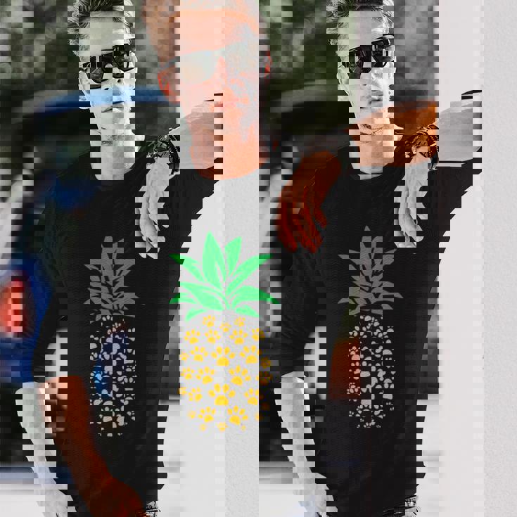 ハワイアンアイランド パイナップル 猫の肉球プリント 猫好きのギフト 長袖Tシャツ 彼への贈り物