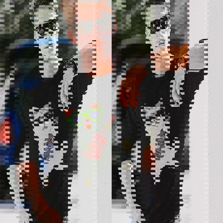 ハワイアンウケ猫遊びウクレレバッジポケット 長袖Tシャツ 彼への贈り物