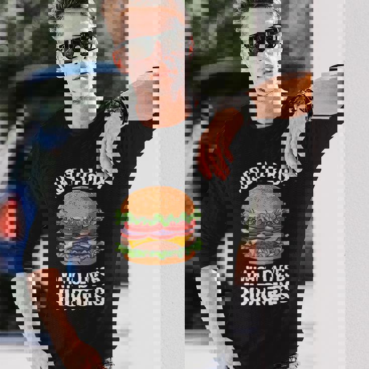 ハンバーガーが大好きな少年 おもしろハンバーガー好き 長袖Tシャツ 彼への贈り物