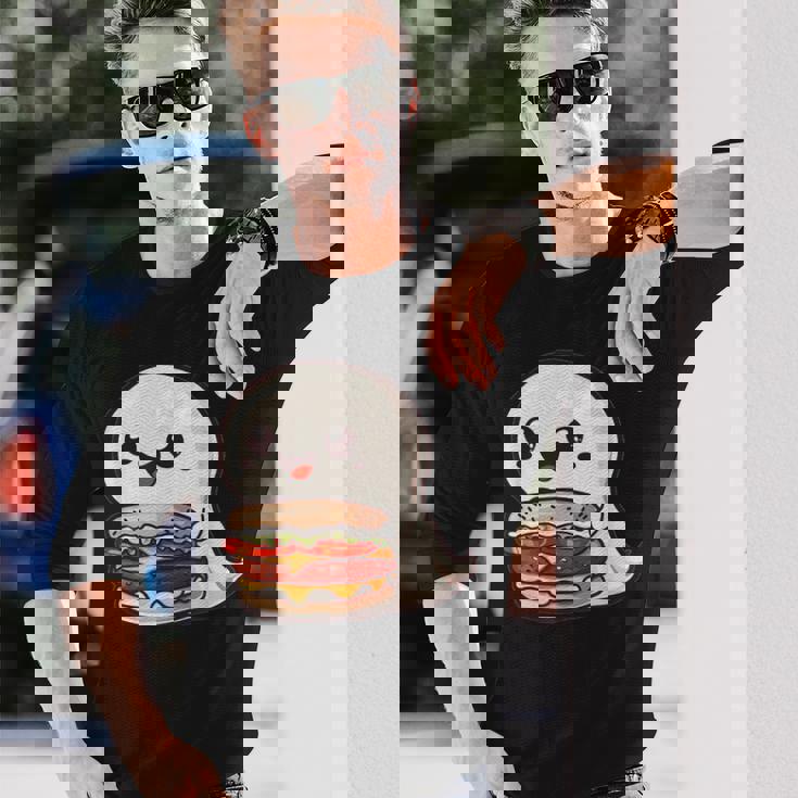 ハンバーガーとかわいいおばけ 長袖Tシャツ 彼への贈り物