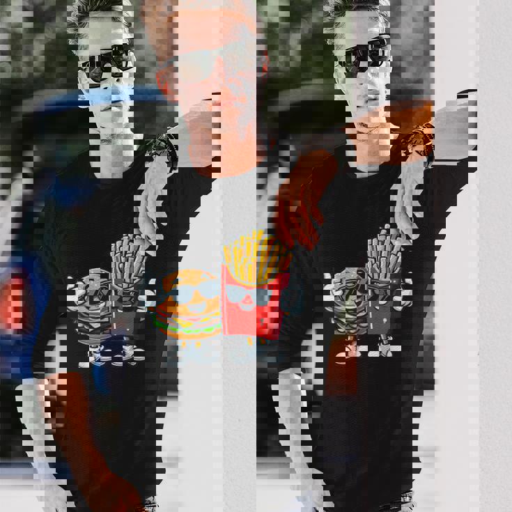 ハンバーガーフライドポテトファーストフード愛好家アート 面白いユーモアコンボプリント 長袖Tシャツ 彼への贈り物