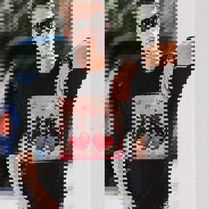 ハートのある黒猫 バレンタインデー アートペインティング 長袖Tシャツ 彼への贈り物