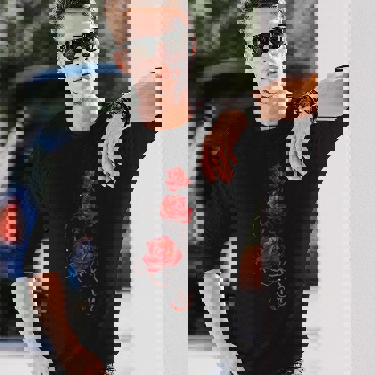 バレンタインデー ギフト シャツ 赤バラ とげ付き 葉っぱ 長袖Tシャツ 彼への贈り物