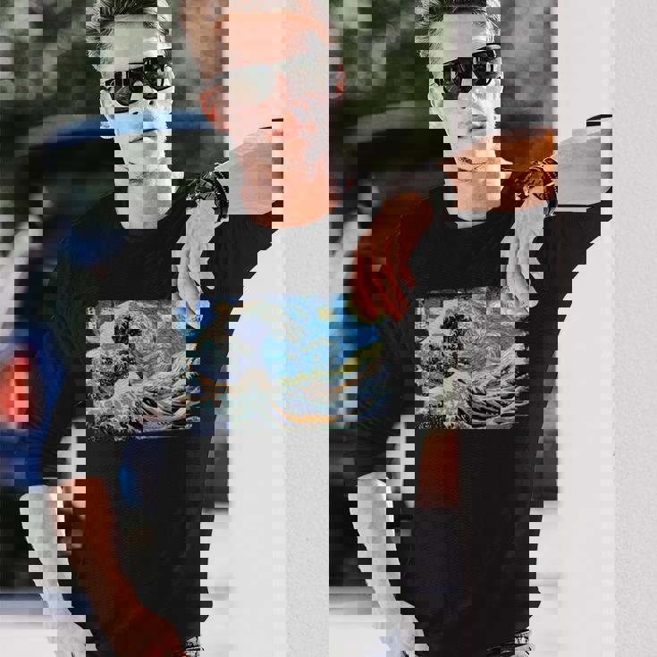 バンゴッホの星空と北斎の富嶽三十六景波絵の融合 長袖Tシャツ 彼への贈り物