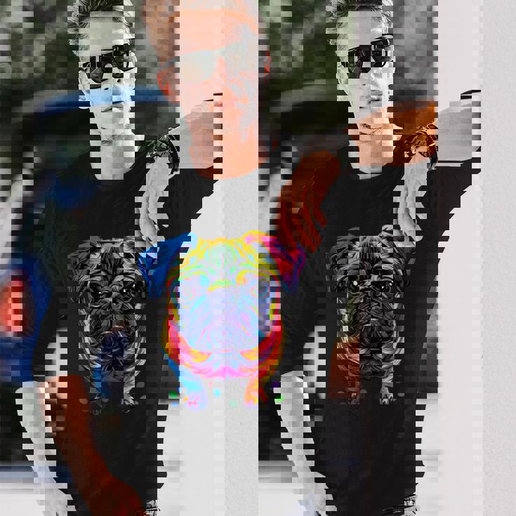 パグ犬 カラフルカラー ポップアート レインボー カーリン キュート パグ 長袖Tシャツ 彼への贈り物