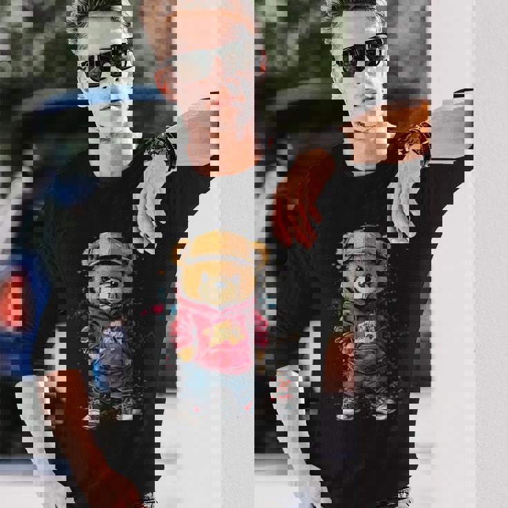 ヒップホップのテディベア、クールなアーバンノベルティグラフィック。 長袖Tシャツ 彼への贈り物