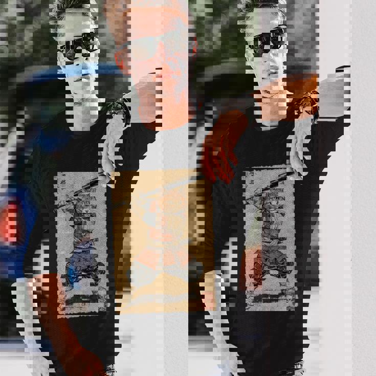 ビンテージアニメ 日本美術 野球選手の侍猫 長袖tシャツ 長袖Tシャツ 彼への贈り物