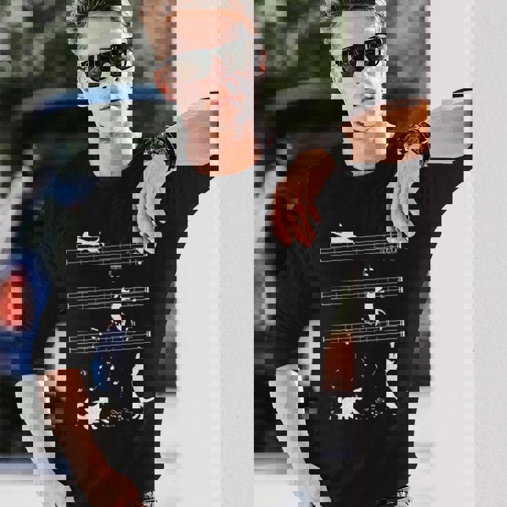 ピアノ音符 遊び心のある猫 長袖Tシャツ 彼への贈り物