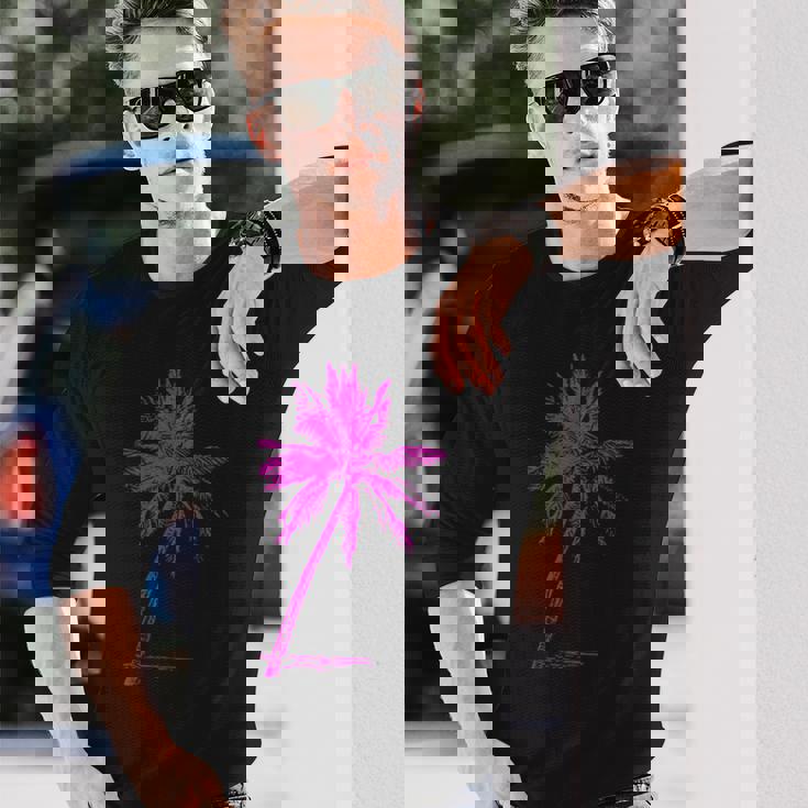 ピンクパームビーチウェア サーフィンレトロ パームツリー 長袖Tシャツ 彼への贈り物