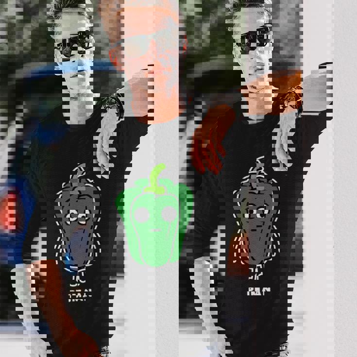 ピーマン 顔 イラスト かわいい おもしろ 面白い 簡単 シンプル ゆるい 野菜 長袖Tシャツ 彼への贈り物