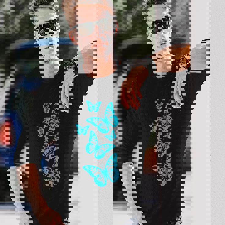 ファンタジー エレガント 蝶 ブルー ブラック シェイプ マニア 長袖Tシャツ 彼への贈り物