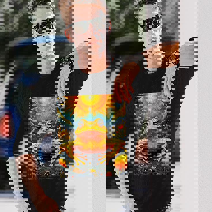 ファンタジー キュート イエロー カエルの太陽 長袖Tシャツ 彼への贈り物