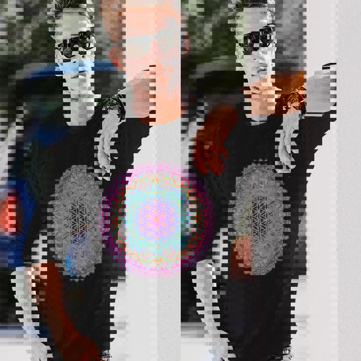 フラワー・オブ・ライフシンボル 民間伝承 マンダラ 5 ファン ファン ファン 長袖Tシャツ 彼への贈り物