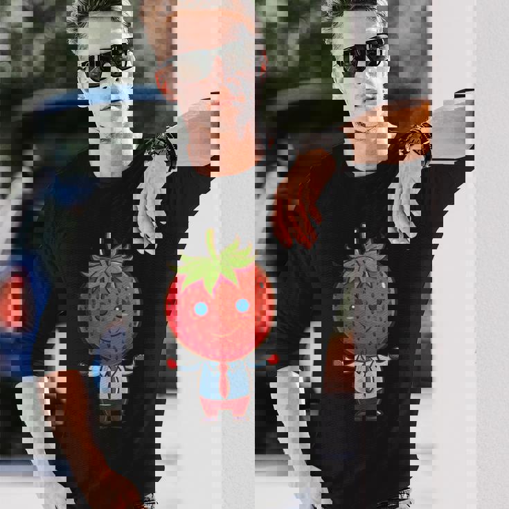 フルーツやネクタイ好きのための従業員ストロベリーアウトフィット 長袖Tシャツ 彼への贈り物