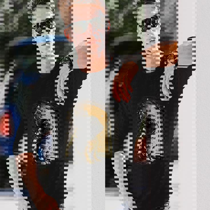 フレンチブルドッグ 夜のかわいいフレンチドッグ 長袖Tシャツ 彼への贈り物