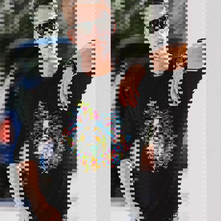 フローラル・ポップ・アート カラフルなパピヨン 長袖Tシャツ 彼への贈り物