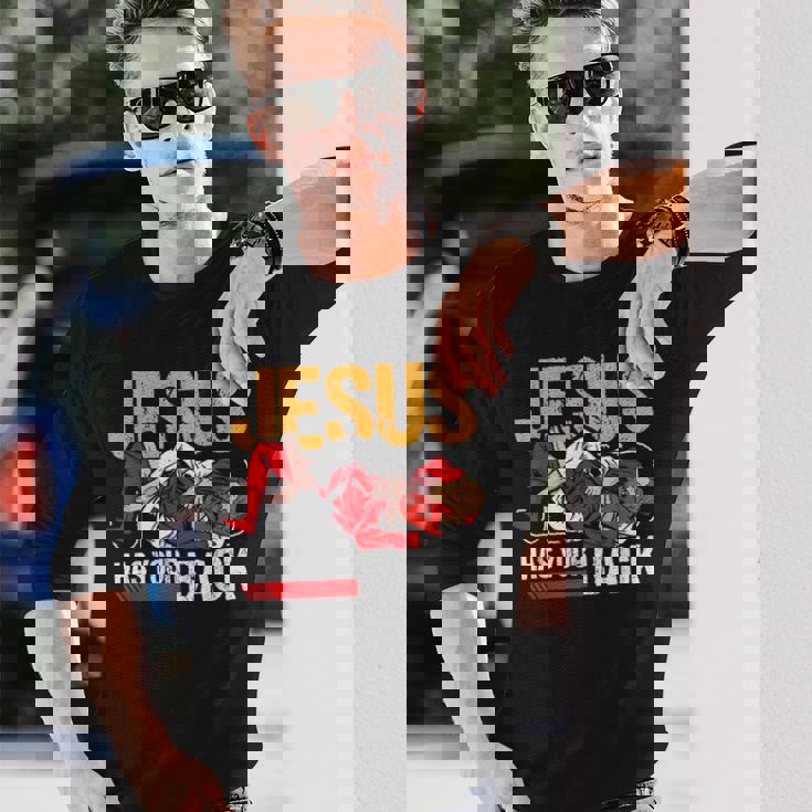 ブラジリアン柔術 ジーザス・ハズ・ユア・バック 面白いクリスチャンbjj 長袖Tシャツ 彼への贈り物