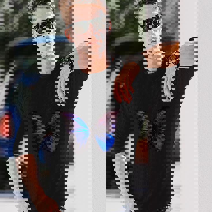 ブルー モルフォ バタフライ アートプリント 長袖Tシャツ 彼への贈り物