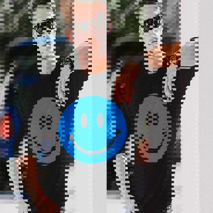 ブルースマイリーフェイス レトロブルーハッピーフェイス 長袖Tシャツ 彼への贈り物