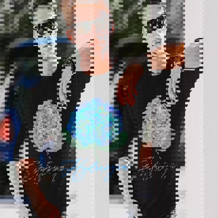 ブルーパープルアジサイフラワーレトロガーデナーアート 長袖Tシャツ 彼への贈り物