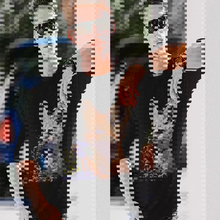 ブルーベリー フェネック キツネ ブルーベリー アニマルアート 野生動物 自然 長袖Tシャツ 彼への贈り物