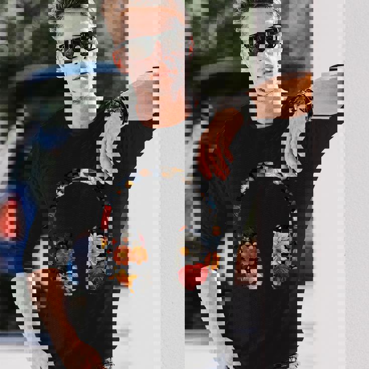 ヘッドフォンのシルエット 花柄 ボタニカル・フラワー 長袖Tシャツ 彼への贈り物