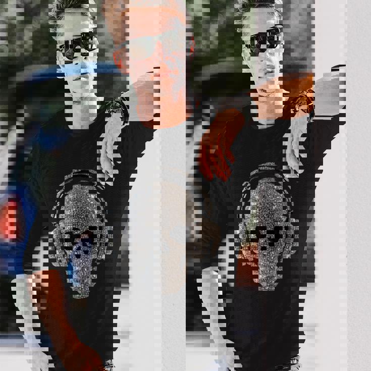 ヘッドフォン付きキラキラドクロ Dj音楽愛好家 長袖Tシャツ 彼への贈り物