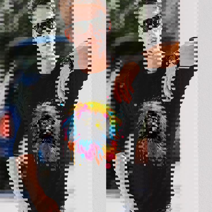 ペキニーズに描かれたペキニーズに描かれたかわいいペキニーズ犬 長袖Tシャツ 彼への贈り物