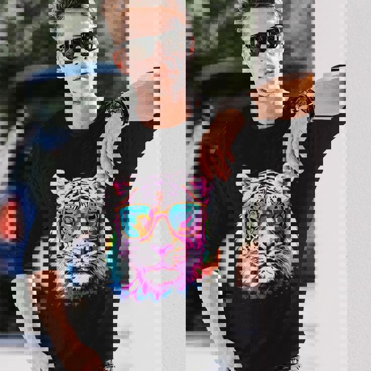 ホワイトタイガー サングラス カラフル アート 動物 虎 長袖Tシャツ 彼への贈り物