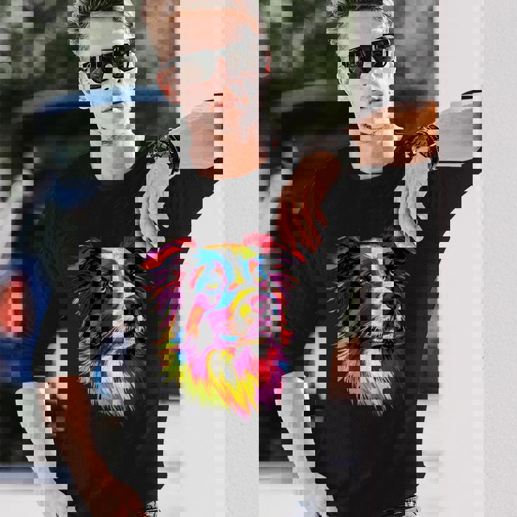 ボーダーコリー ポップアート レインボーカラー カラフル ボーダーコリー 長袖Tシャツ 彼への贈り物