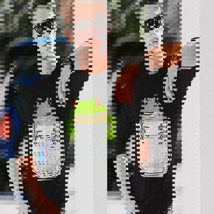 ポケットに入ったカエルのシャツ 面白いカエルのtシャツ カエルの恋人 長袖Tシャツ 彼への贈り物