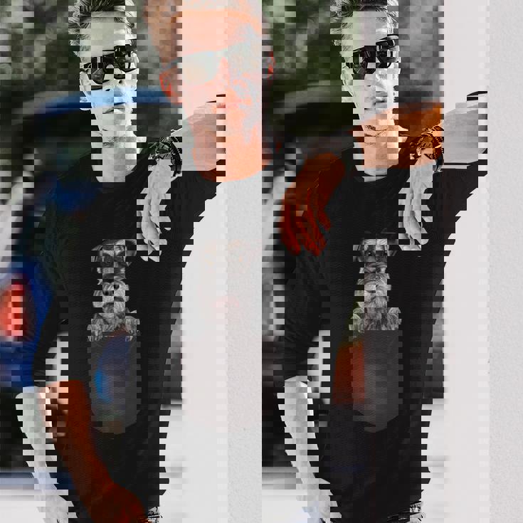 ポケットの中の犬面白い犬好きのミニチュア・シュナウザー 長袖Tシャツ 彼への贈り物