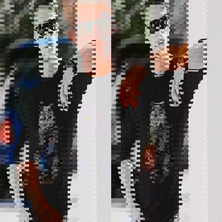 ポケットの中の猫ポケットキャット猫好き ねこ好き ネコ好きニャー猫 猫の飼い主 心電図 おもしろ 可愛い ねこ ネコ 猫 長袖Tシャツ 彼への贈り物