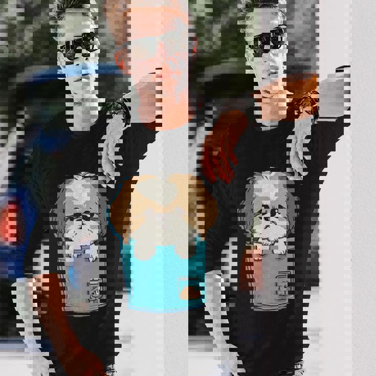 ポケット犬好きにはたまらないシーズー犬 長袖Tシャツ 彼への贈り物