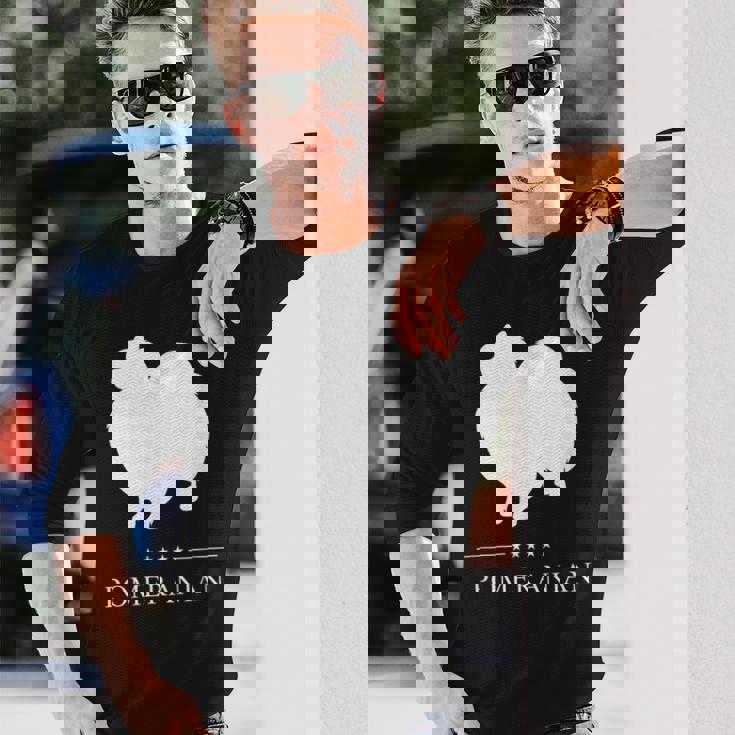 ポメラニアン 犬 ホワイト シルエット 長袖Tシャツ 彼への贈り物