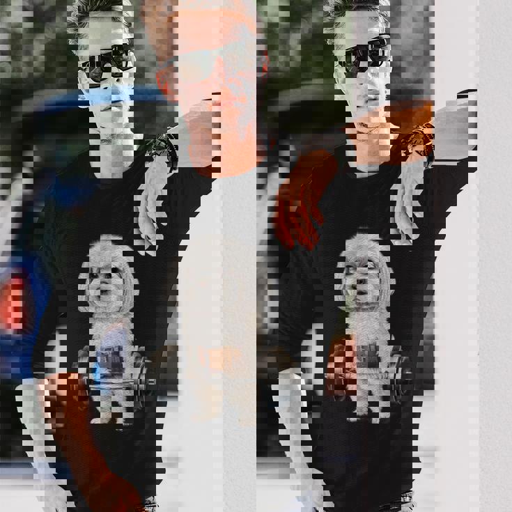 マルチーズドッグ筋トレ バーベルシュラッグバー フィットネス 長袖Tシャツ 彼への贈り物