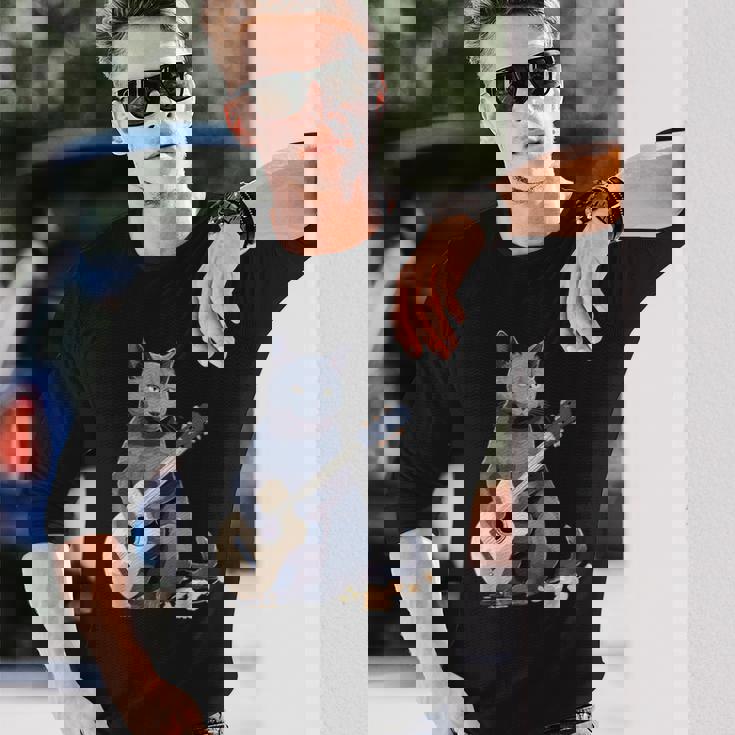 ミュージシャン ロシアンブルー猫 ギタリスト 猫とギター 長袖Tシャツ 彼への贈り物