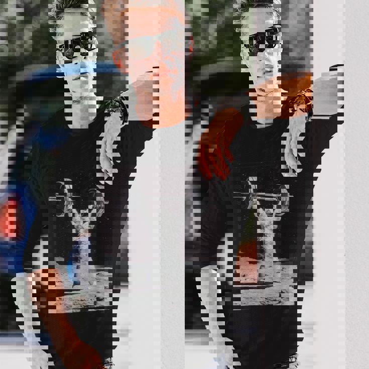 ムーンキャット 筋トレ 猫 フィットネス ジム ウェイトリフティング トレーニング 面白い猫 おもしろ 長袖Tシャツ 彼への贈り物