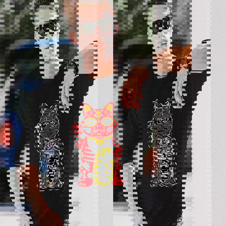 メキシコ 死者の日 と 招き猫 ネコ を組合わせた シュガー スカル キャット 赤 レッド 大吉 猫好き ねこマニア 長袖Tシャツ 彼への贈り物