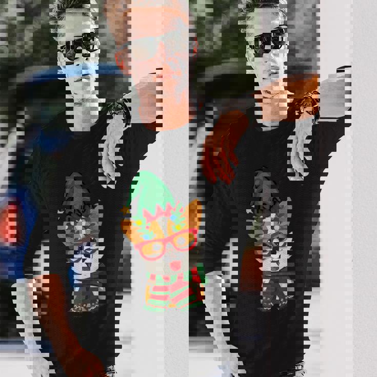 メリークリスマス かわいいオタクウェールズコーギー エルフの帽子とスカーフ付き 長袖Tシャツ 彼への贈り物