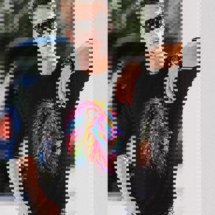 ライオンアート 抽象 カラフル 動物 グラフィック ライオン 長袖Tシャツ 彼への贈り物