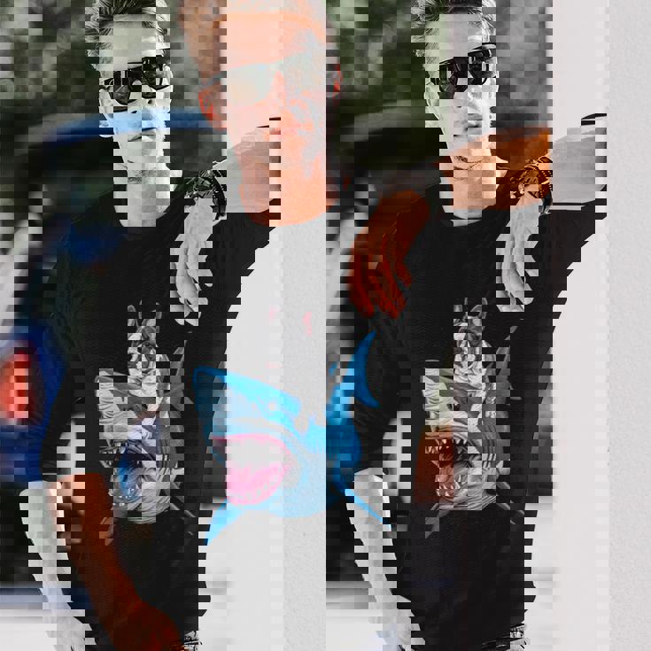 ライディング シャーク フレンチブルドッグ 長袖tシャツ 長袖Tシャツ 彼への贈り物