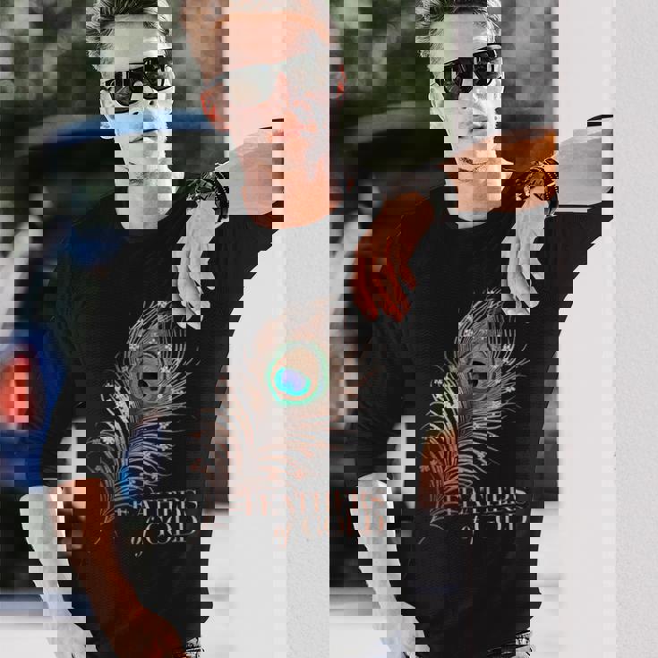 ラグジュアリーボタニカルフラワー ローズゴールド 孔雀 ゴールドの羽 長袖Tシャツ 彼への贈り物