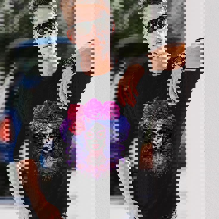 ラ・カトリーナ、ディア・デ・ロス・ムエルトス メキシコの死者の日 長袖Tシャツ 彼への贈り物