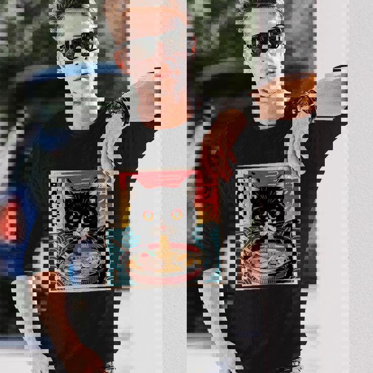 ラーメンと黒猫 和風ビンテージ 長袖Tシャツ 彼への贈り物