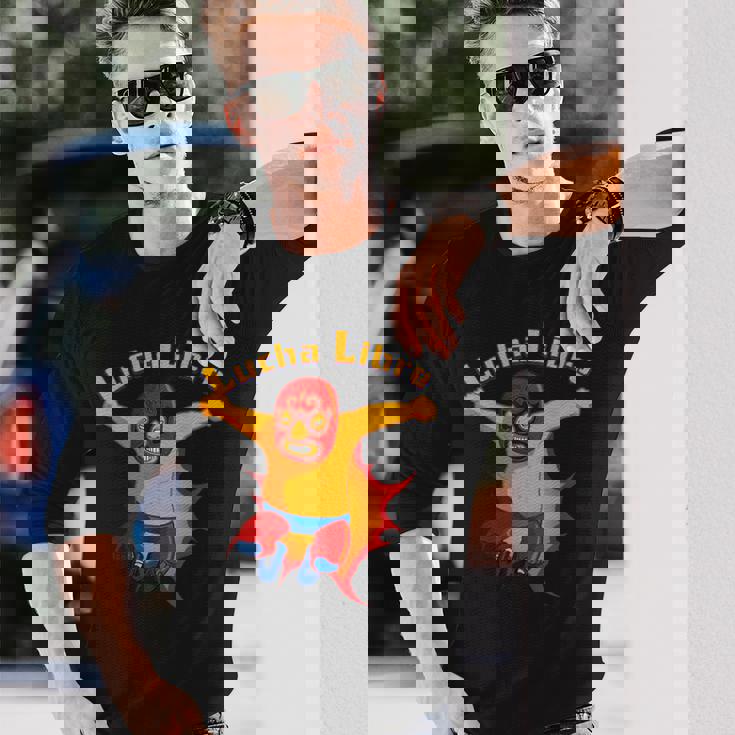 ルチャリブレメキシコ覆面レスラー漫画アクションポーズ 長袖Tシャツ 彼への贈り物